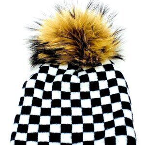 Black and White checked knit hat with detachable pom pom